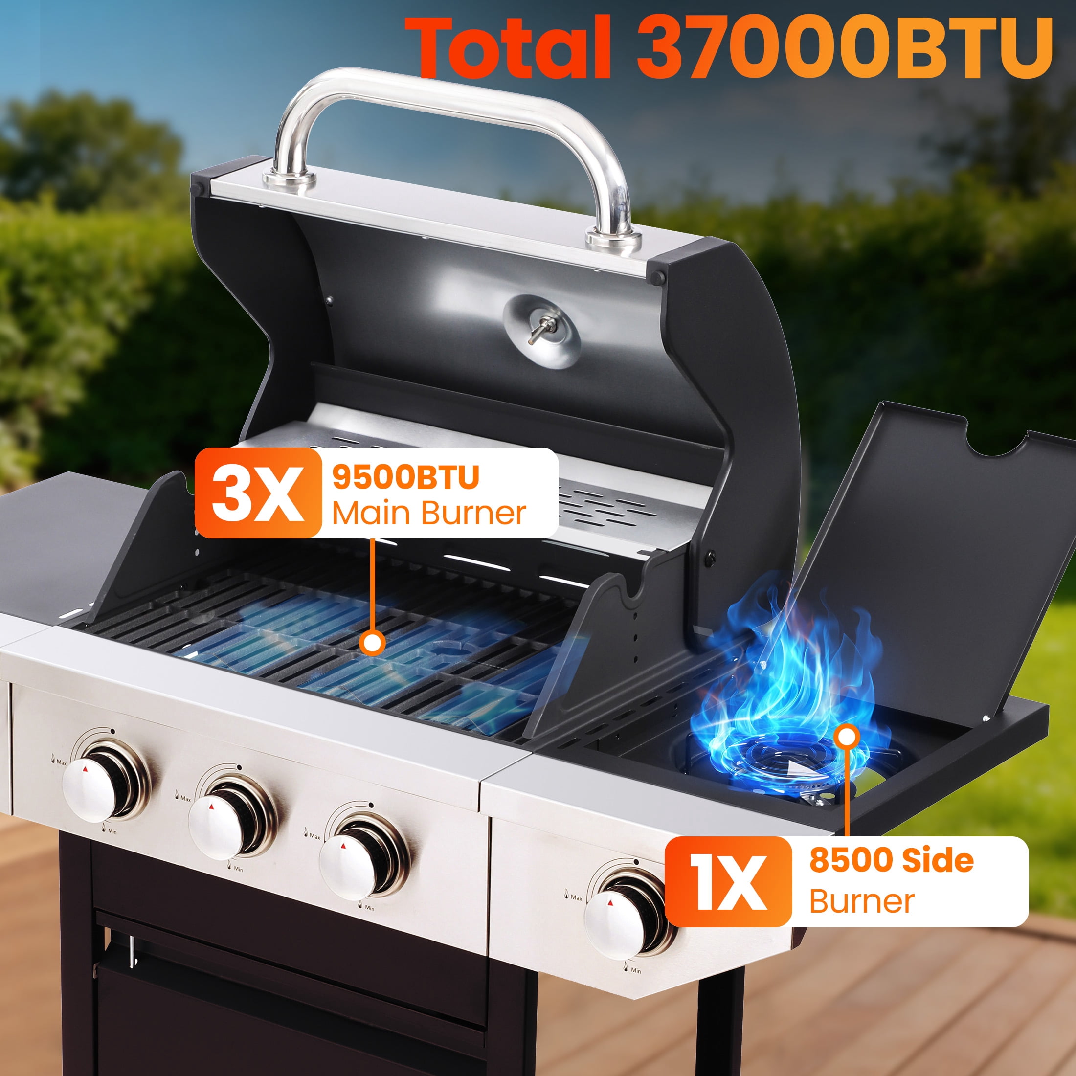 Enyopro 3 Burner Gas Grill , 37000 BTU Stainless Steel Propane Gas Grill with Side Burner, Outdoor BBQ Grill with Side Table and Thermometer, for Outdoor Camping BBQ