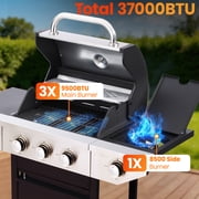 Enyopro 3 Burner Gas Grill , 37000 BTU Stainless Steel Propane Gas Grill with Side Burner, Outdoor BBQ Grill with Side Table and Thermometer, for Outdoor Camping BBQ