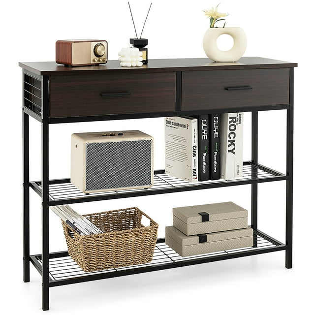 Costway Console Entryway Sofa Table with 2 Drawers for Entrance Living Room Black Walnut