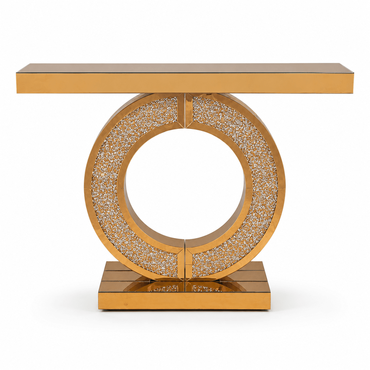 Aukfa 43" Mirrored Console Table, O-Shaped Crystal Inlay Entryway Table with Beveled Edges,Gold