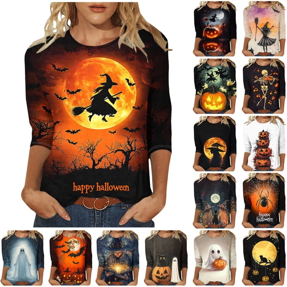 Tqyyweavej Womens Halloween 3/4 Sleeve Crew Neck Shirts Plus Size Fall Halloween Funny Graphic Top Loose Fit Spooky Season Tees S-5XL