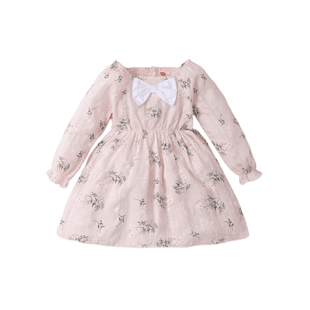 

OLLUISNEO Infant Baby Girls Dress 6 Months Winter Dress 9 Months Solid Color Long Sleeve Floral Prints Ruffled Layer Casual Dress Pink