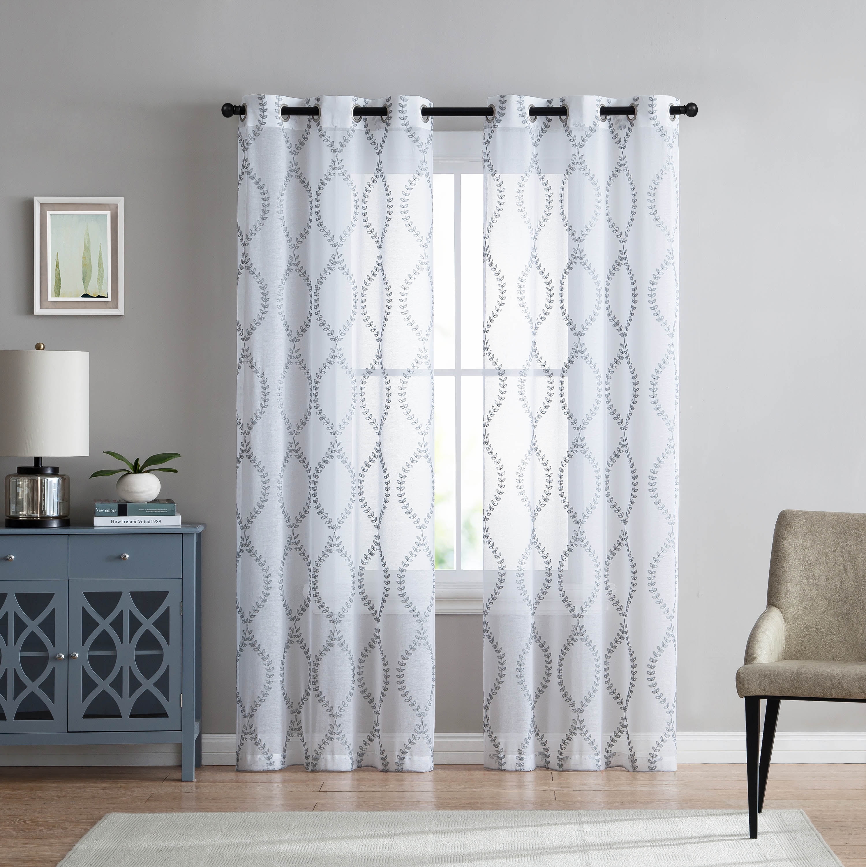 Set of Two (2) White Sheer Window Curtains Gray Embroidered Floral