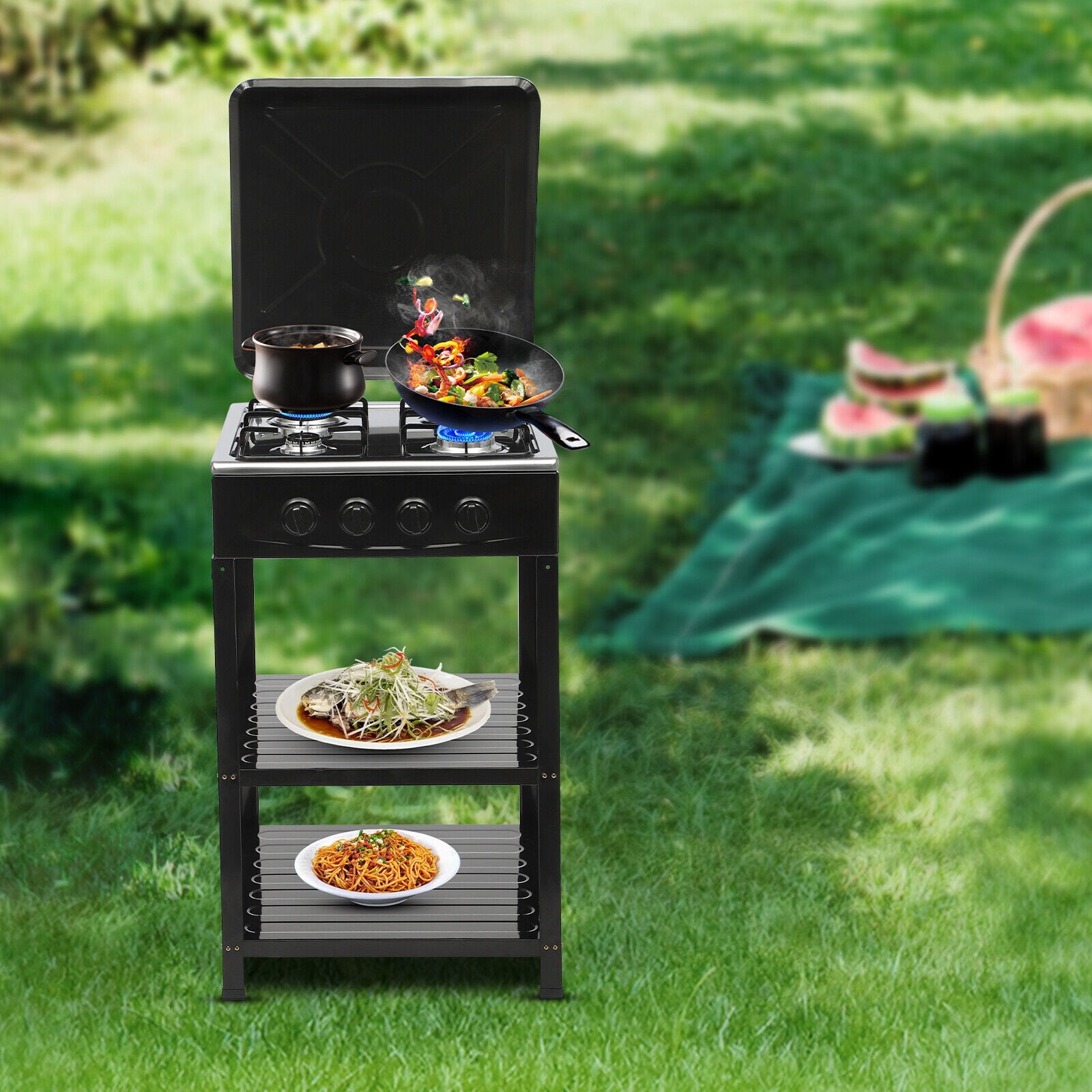 Portable Gas Stove 4-burner & Support Leg Stand &wind Blocking Cover BBQ Outdoor
