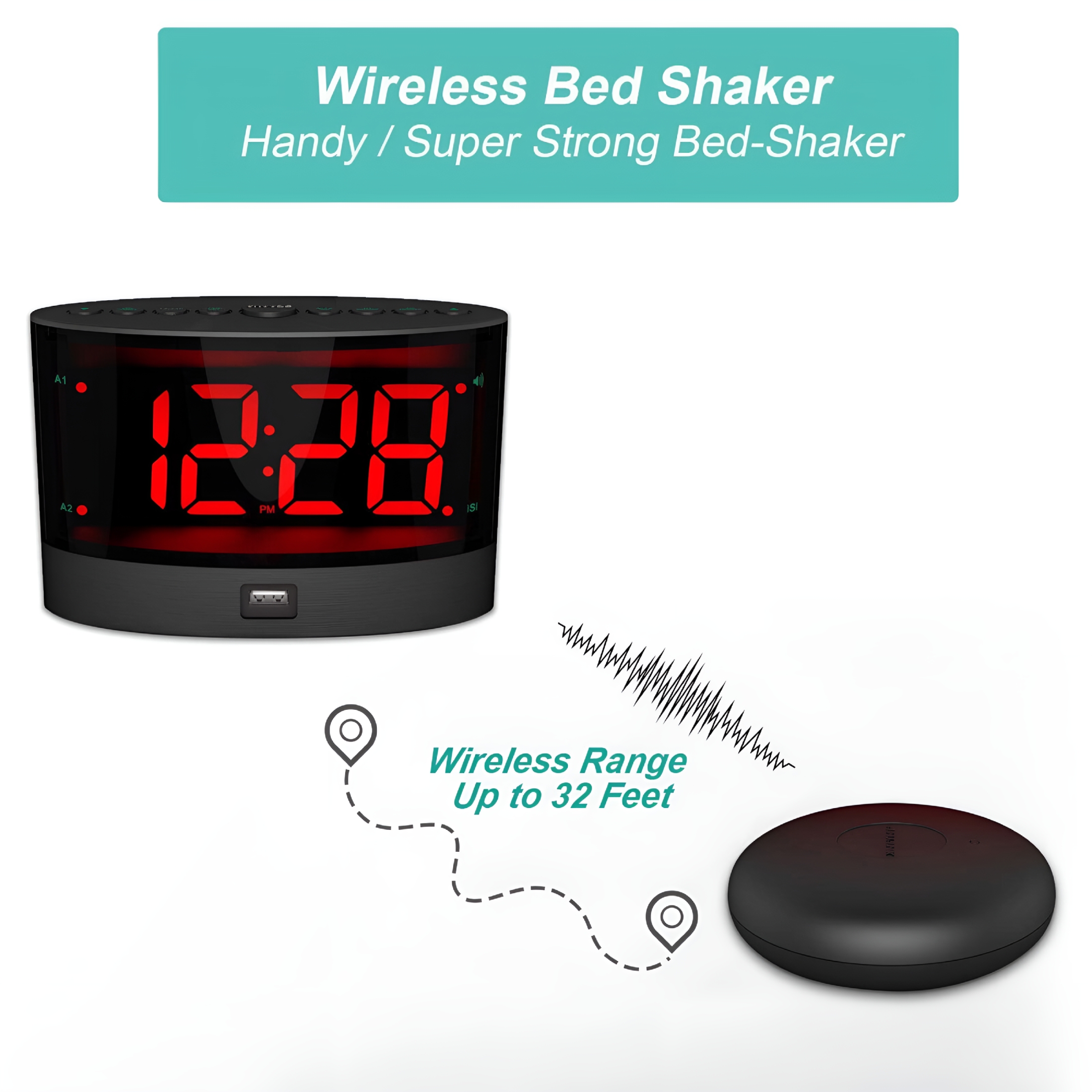 DESIGNICE Extra Loud Alarm Clock with Bed Shaker,Heavy Sleepers,Adjustable,USB