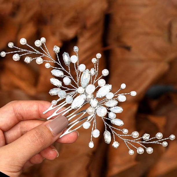 Jonky Bride - Peineta de cristal para boda, tocado de novia plateado, accesorios para el cabello con perlas para mujer