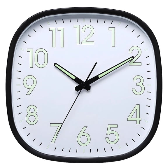 12 Inch Square Wall Clock, Silent Non Ticking, White Face with Luminous Hands & Numbers, Battery Operated, Round Corner, High Definition Glass Cover, for Living Room, Bedroom, Office, Home Decor