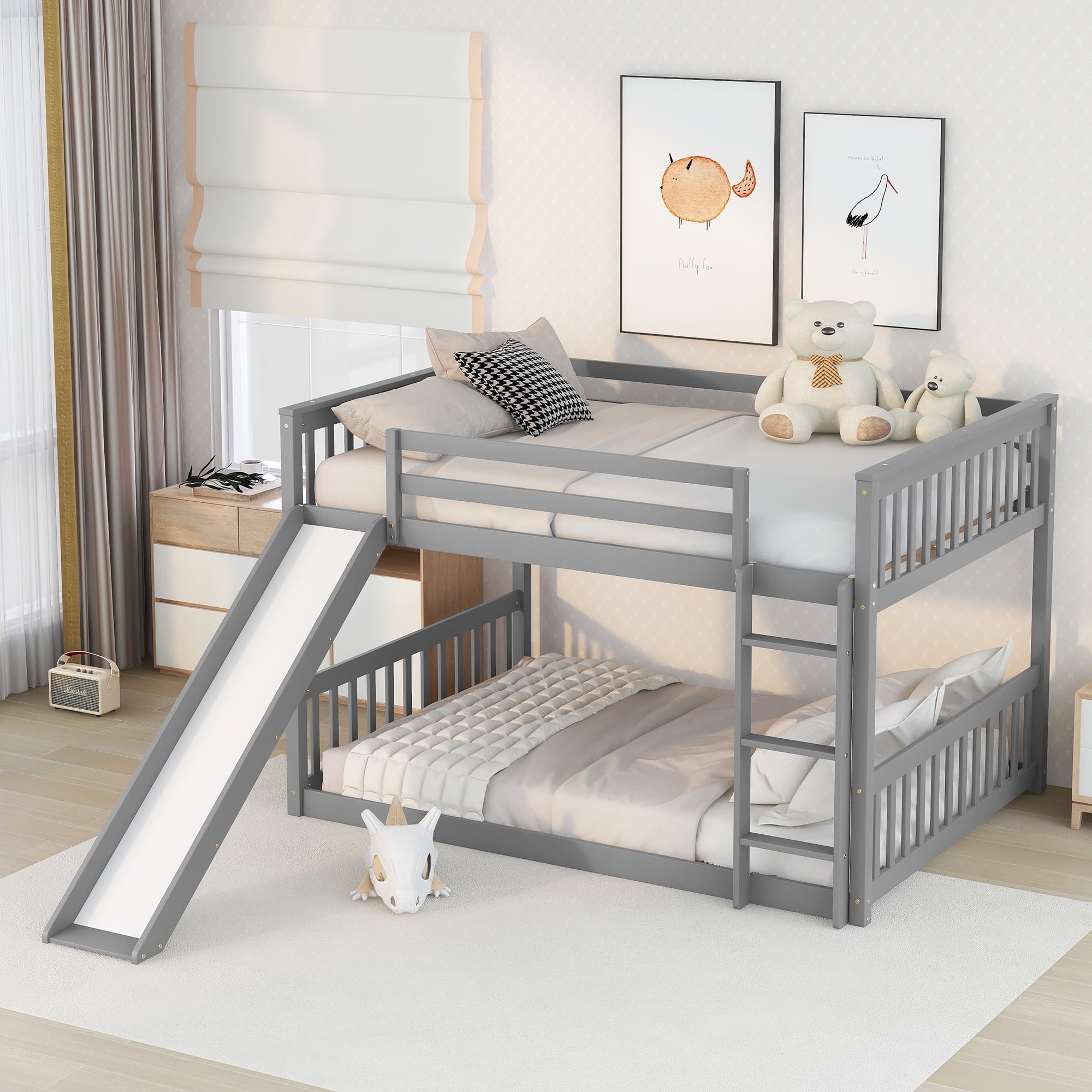 Euroco Full over Full Bunk Bed with Slide for Kids Teens Room, Solid Wood Low Profile Bunk Bed, Gray
