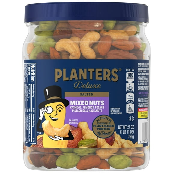 PLANTERS Deluxe Mixed Nuts with Sea Salt, 27 oz Resealable Container - Variety Mixed Nuts Snacks with Cashews, Almonds, Pecans, Pistachios & Hazelnuts - Energy Boost - Kosher