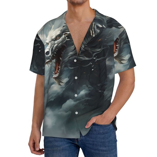 Fotbe Cloud White Dragon Camisa Estampada de Manga Corta para Hombre, Casual de Verano, Estilo Playero, Sin Arrugas-Medium