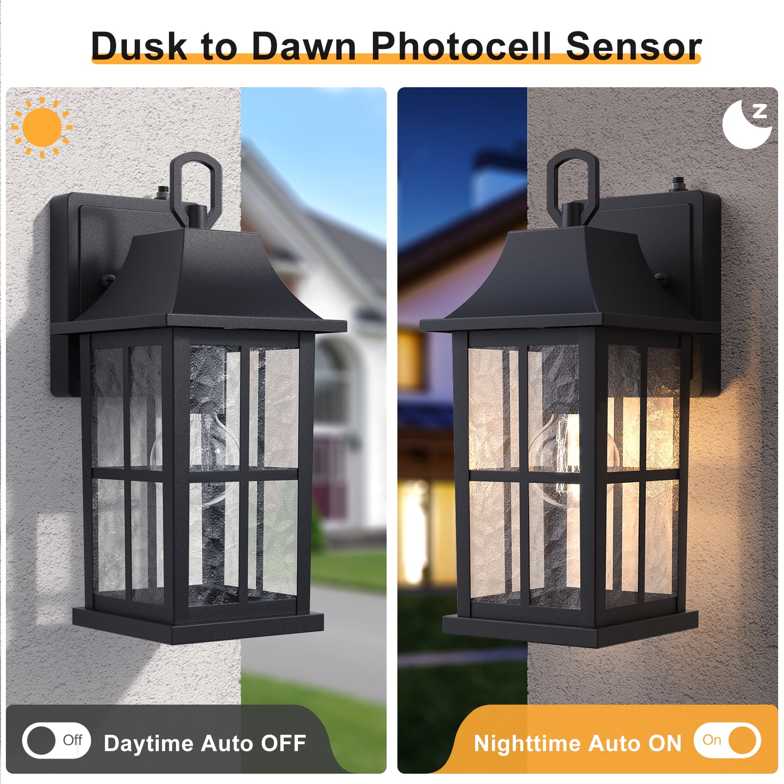 Maxax 2-Pack Black Outdoor Wall Lights, Waterproof Dusk-to-Dawn Exterior Wall Lanterns with Ripple Glass for Porch, Garage, Entryway, Patio