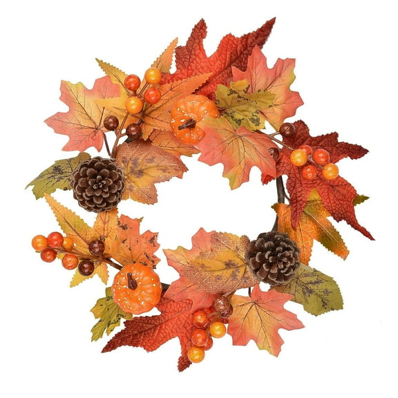 Holzlrgus Artificial Fall Wreath Autumn Wreath with Maples Leaf Pumpkin Berries for Fall and Thanksgiving Festival Decor,12Inch/PC
