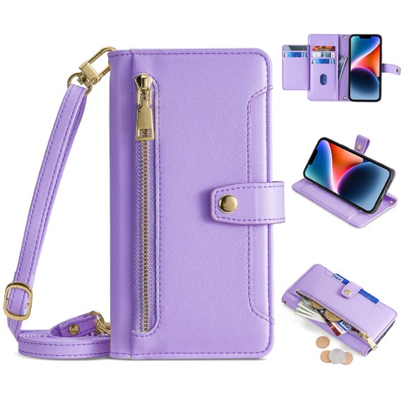 Mantto for Samsung Galaxy A14 5G Crossbody Wallet Case, 6 Card Slots Holder PU Leather Flip Cover with Shoulder Strap Lanyard & Wrist Hand Strap, Zipper Pocket Stand Magnetic Clasp Case,Purple