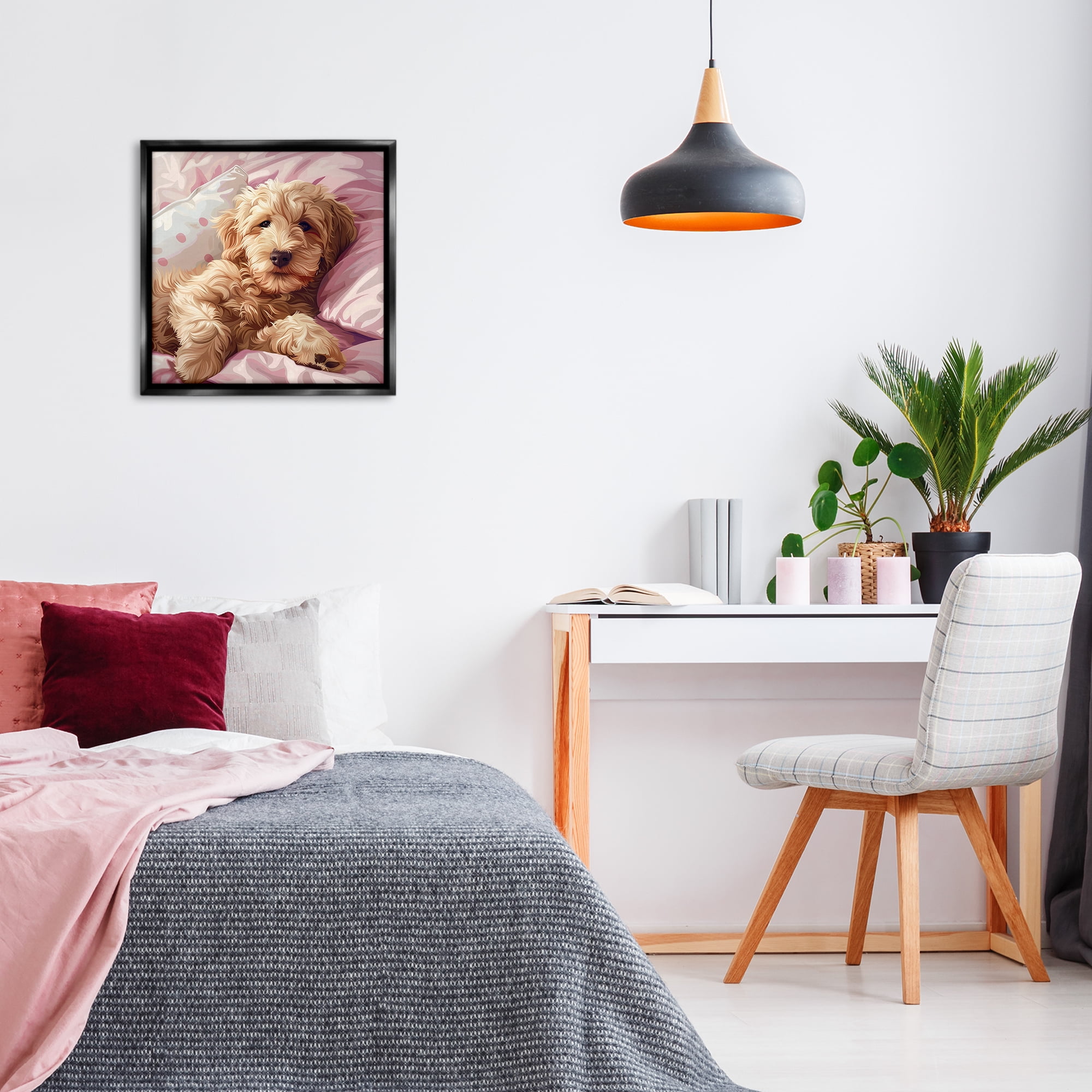 Stupell Industries Sleepy Labradoodle in Bed Animals Painting Black Floater Framed Canvas Art Print Wall Art, 25 x 25