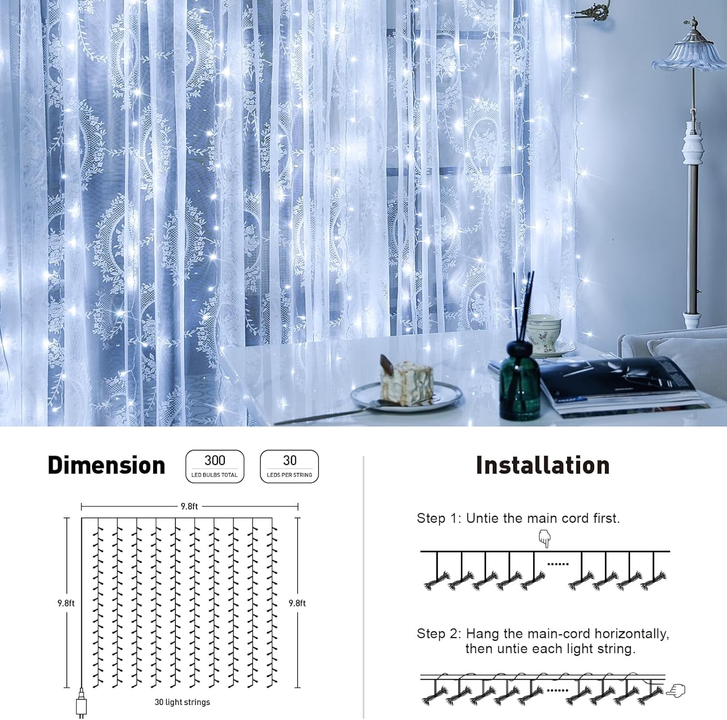 300 LED 9.8x9.8Ft White Curtain Lights with Remote, White Christmas Lights Indoor Plug in, 8 Modes White String Lights for Bedroom Wall Wedding Reception Party Backdrop Window Outdoor Decor