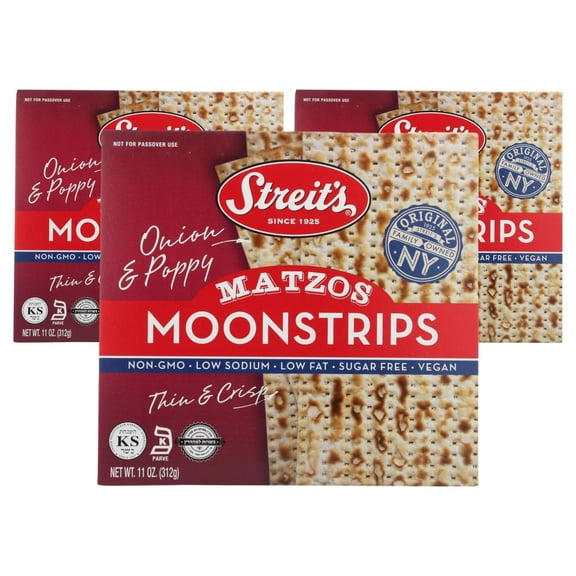 Streit's Moonstrip "Onion & Poppy" Matzo - Thin & Crispy, Non-GMO, Low Sodium, Low Fat, Vegan, Family Owned, Kosher Certified (11oz, Pack of 3)