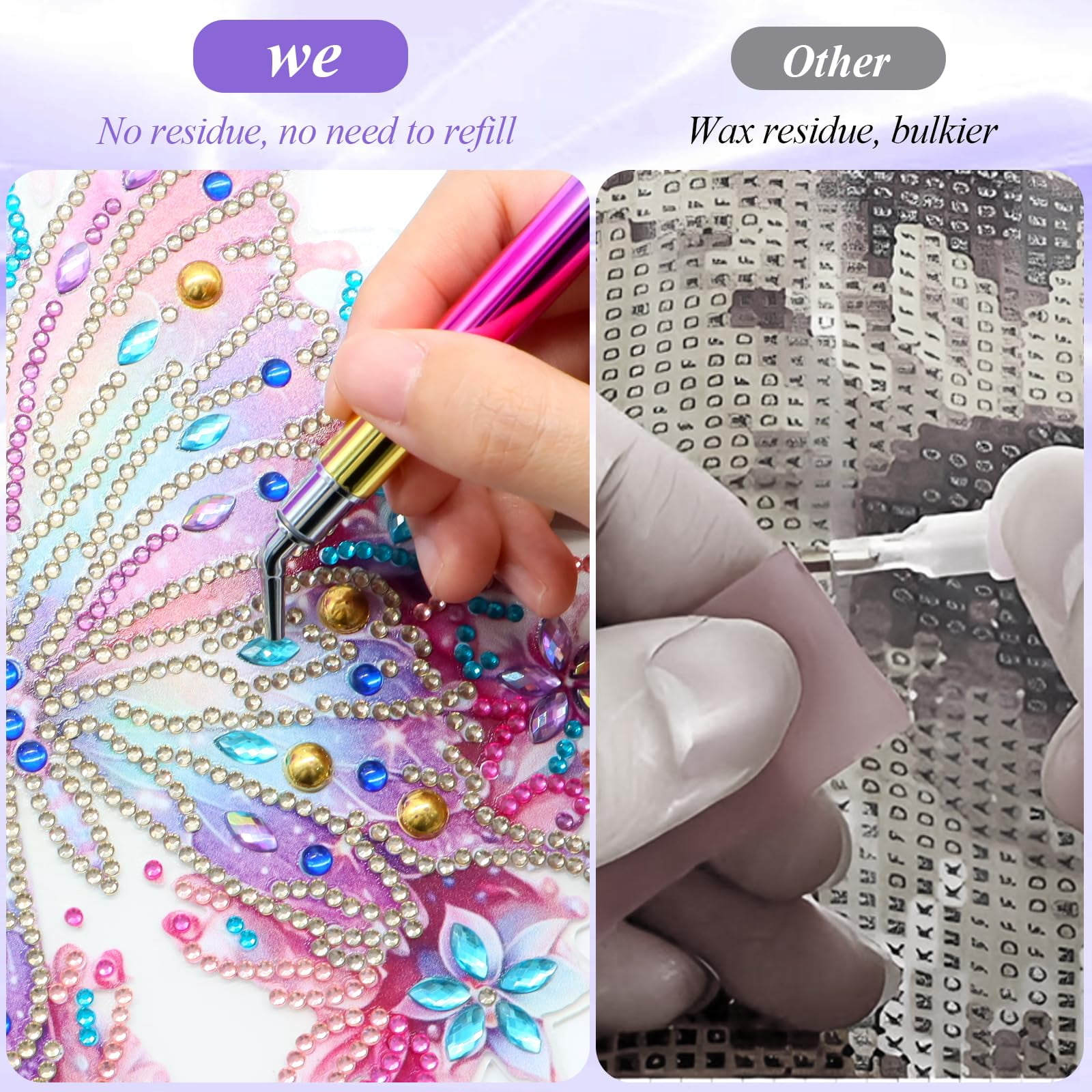 2 Pcs Diamond Painting Pens with Wax, Refillable Wax Pen, Rotating Glue Point Drill Pen for Nail Art Rhinestones, Diamond Art Accessories and Tools, Quickly Pick Up Beads Gems(Gradient Color)