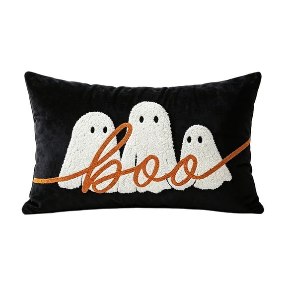 Halloween Boo Ghost Tufted Lumbar Pillow Cover, Black Velvet Decorative Cushion Case for Sofa Couch Bed, Fall Spooky Ghost Home Decor for Indoor Halloween Seasonal Decor
