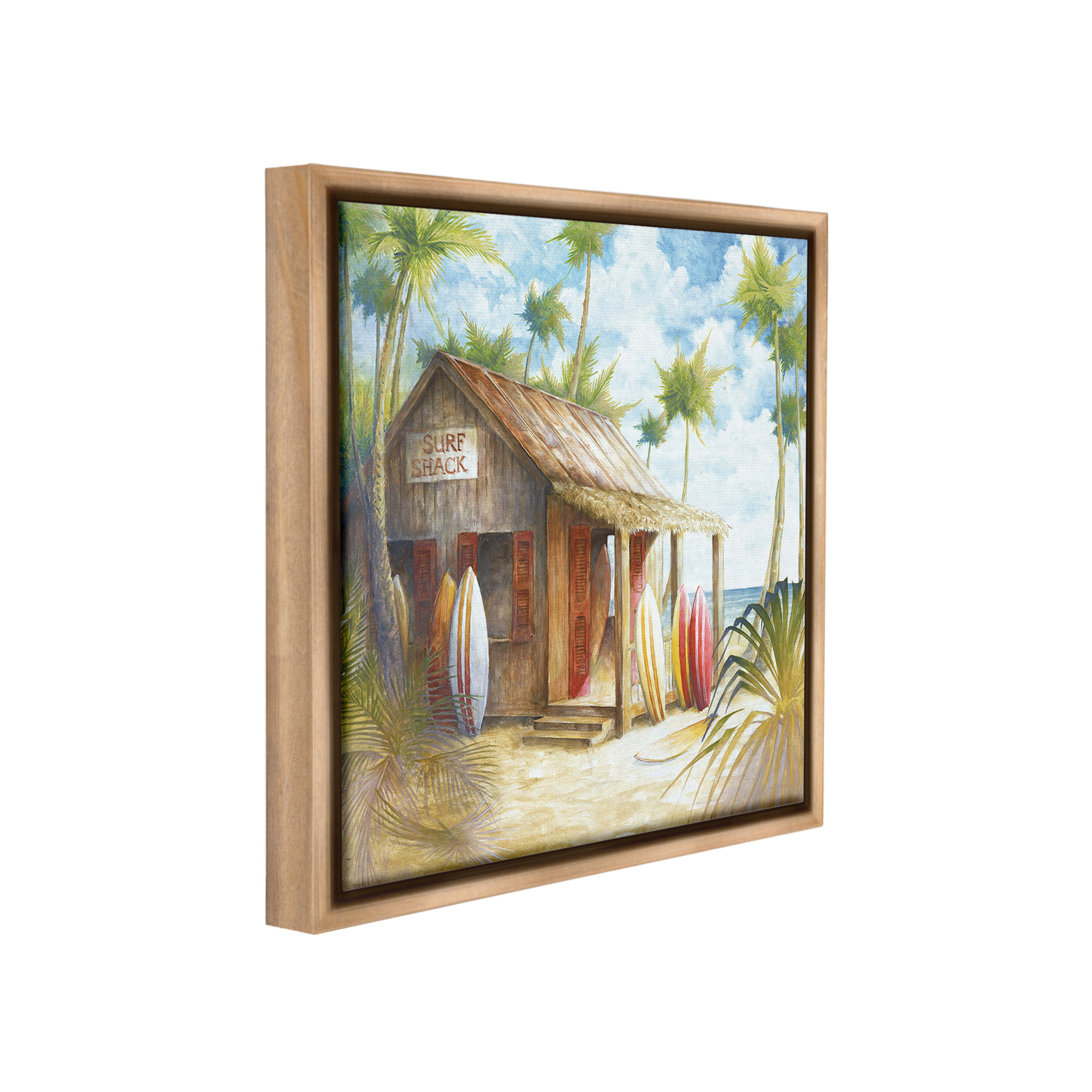 Stupell Industries Summer Surf Shack Landscape Painting Brown Floater Framed Canvas Art Print Wall Art, 18 x 18