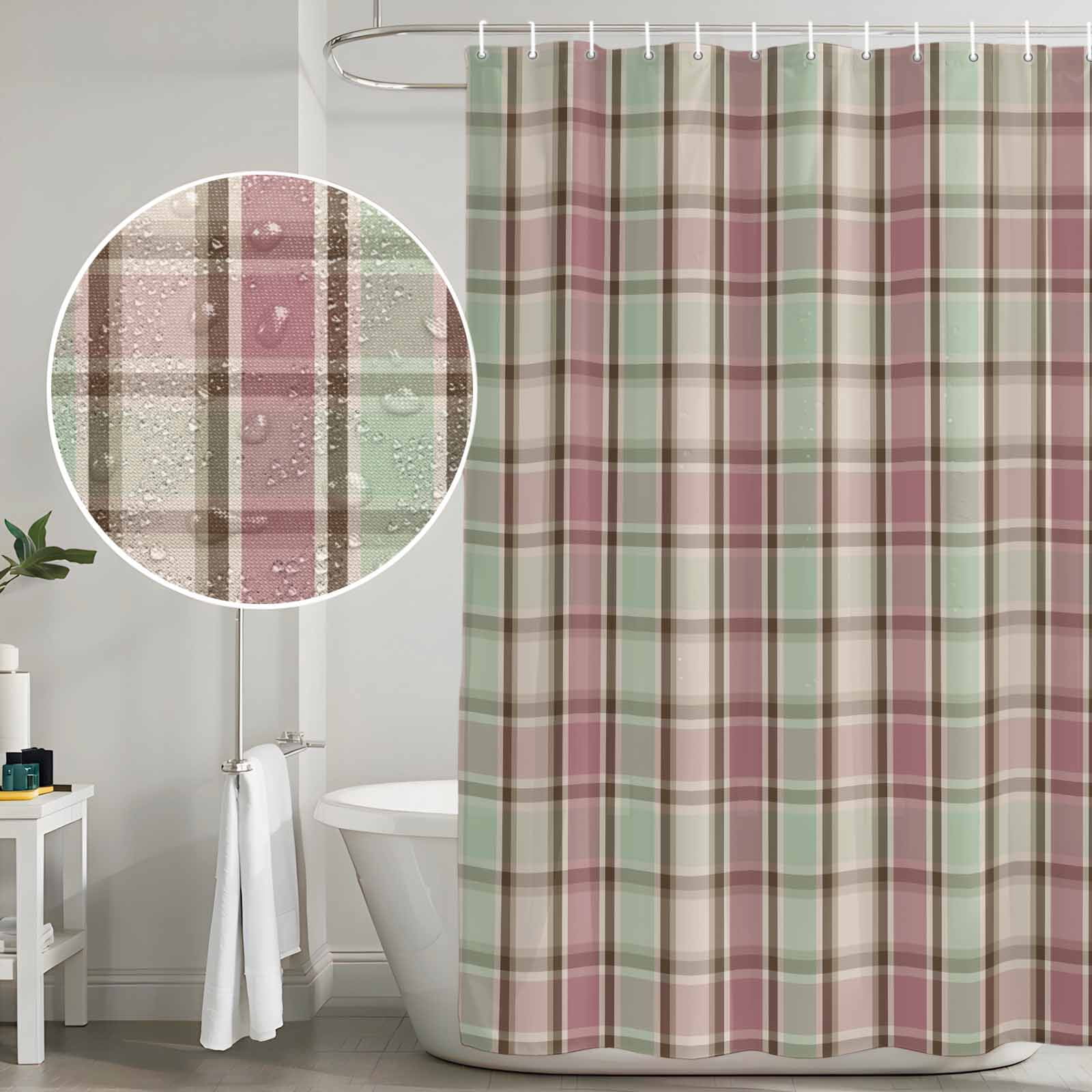 Buffalo Plaid Shower Curtain, Waterproof Shower Curtains for Bathroom, Farmhouse Red Green Beige Check Gingham Washable Fabric Bathtub Curtain Set Bath Decor with 12 Hooks Standard 72"x72"