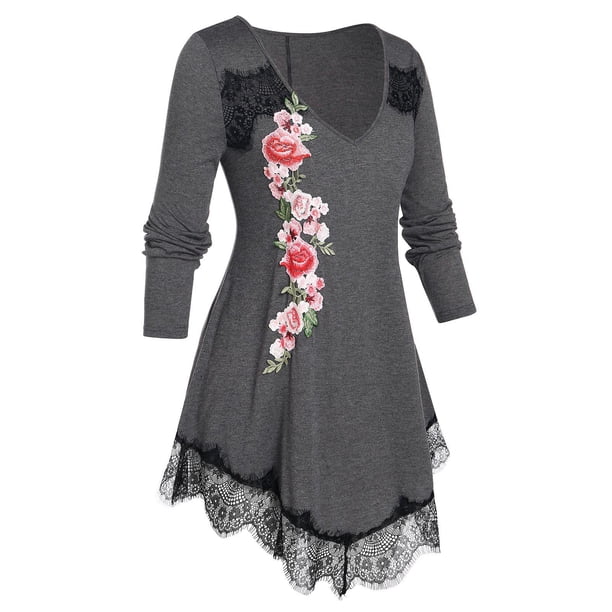 Camiseta de encaje de flor de bordado Rosegal Mangas largas de talla grande