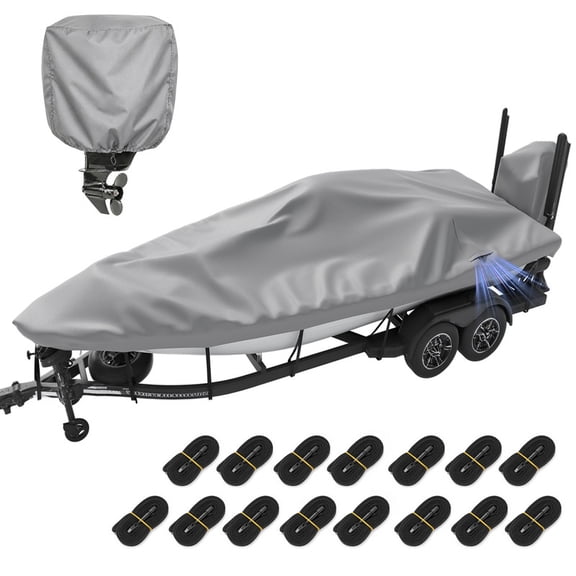 SHELTUSE 17-19Ft Boat Covers 1200D Heavy Duty Marine Grade Trailerable Covers Waterproof Replacement for V-Hull Pro-Style Bass Boats with 15pcs Windproof Straps&2 IN 1 MOTOR COVER, UP to 102" W, Grey