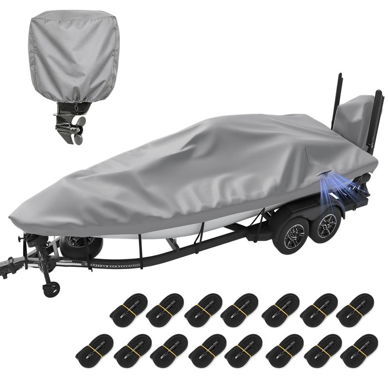 SHELTUSE 17-19Ft Boat Covers 1200D Heavy Duty Marine Grade Trailerable Covers Waterproof Replacement for V-Hull Pro-Style Bass Boats with 15pcs Windproof Straps&2 IN 1 MOTOR COVER, UP to 96" W, Grey