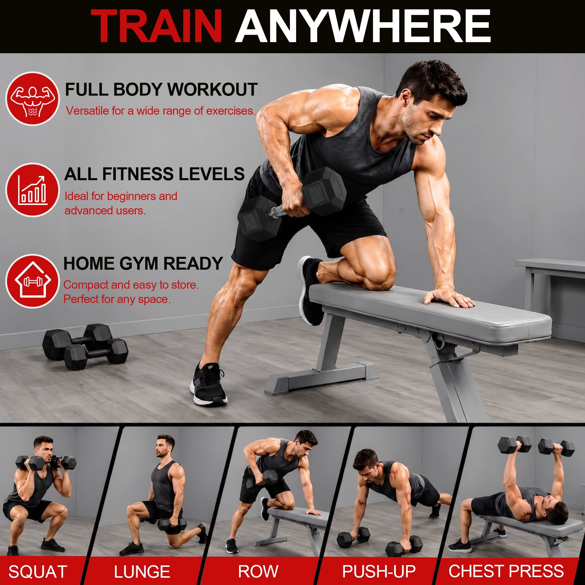 BalanceFrom Rubber Coated Hex Dumbbell Set, 150 lb Total, 5–25 lb Pairs for Home Gym Strength Training