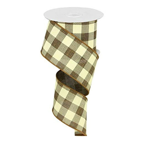 Plaid Check Wired Edge Ribbon - 10 Yards (Brown, Ivory, 2.5")