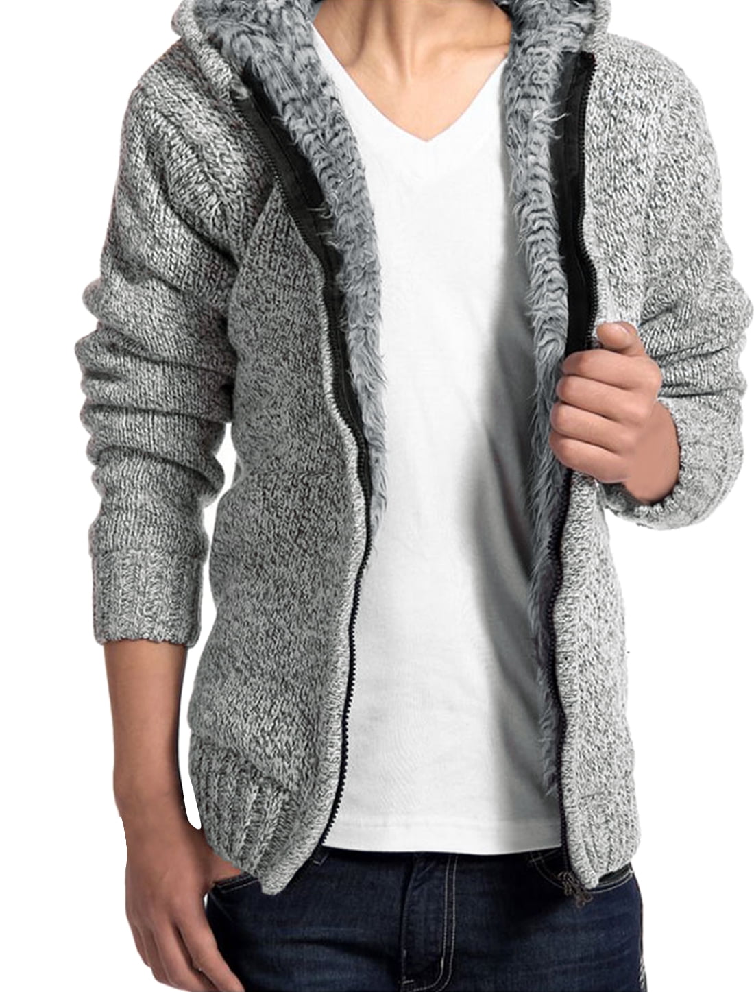 Men's Long Sleeves Full Zip Inner Fleece Hooded Leisure Coat Gray (Size ...