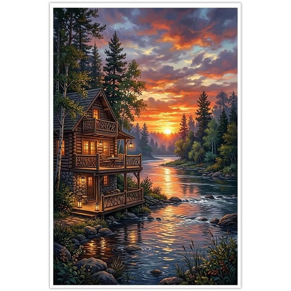 Vibrant Sunset Log Cabin Canvas Wall Art River Forest Landscape Painting Rustic Home Decor Cozy Woodland Art Prints for Living Room Bedroom