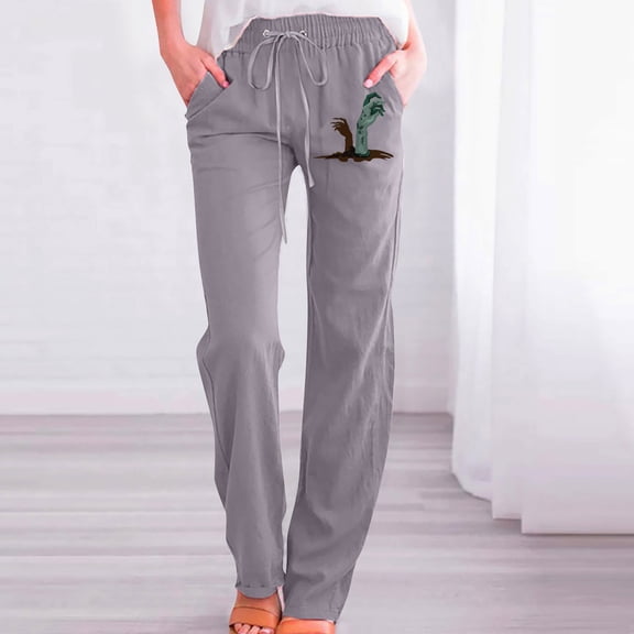 AOOCHASLIY Women Fall Pants Clothes Fashion Womens Halloween Casual Solid Color Ghost Hand Print Loose Straight Wide Leg Trousers Pants