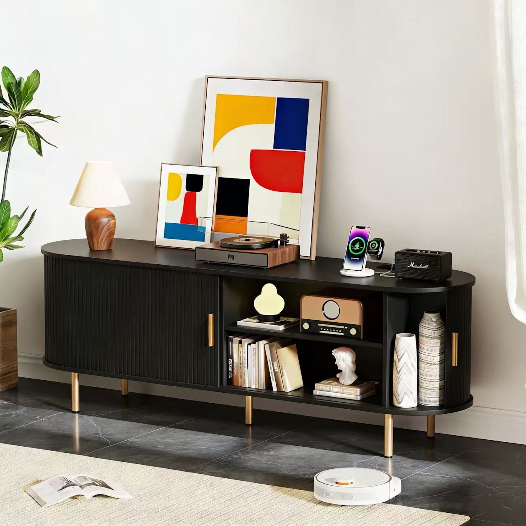 AISWORD 63 Inch TV Stand with Power Outlet for TVs up to 70 Inch, Entertainment Center with Storage and Adjustable Shelves, Media Console with Sliding Doors for Living Room, Black