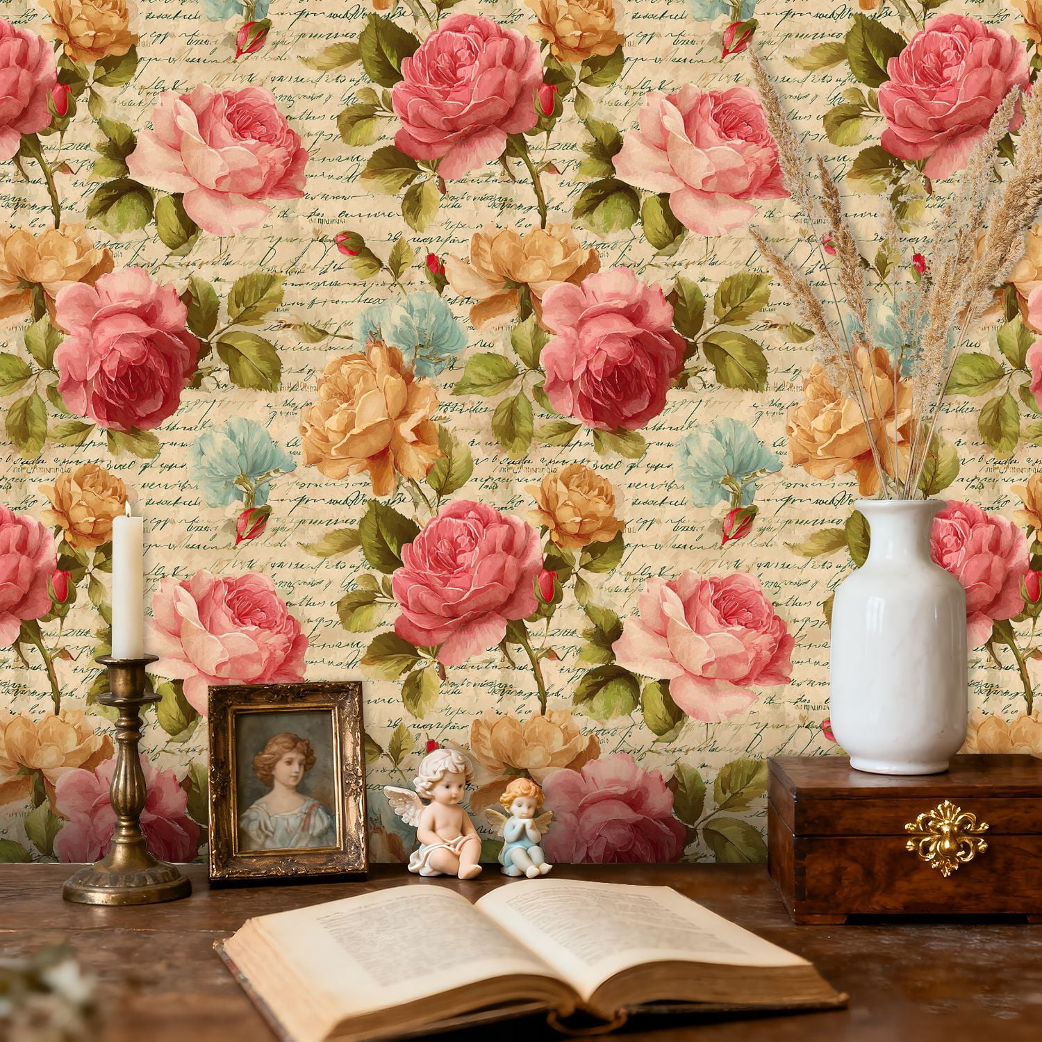Boho Peel and Stick Wallpaper Vintage Floral Rose Handwritten Script Wall Mural 23.6in x 9.8ft Self Adhesive Removable Wall Paper Renter Friendly Wallpaper for Bedroom Kitchen Farm