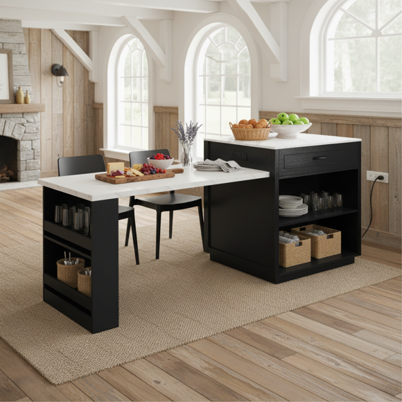 Îlot de cuisine Homy Casa avec table extensible et étagères de rangement