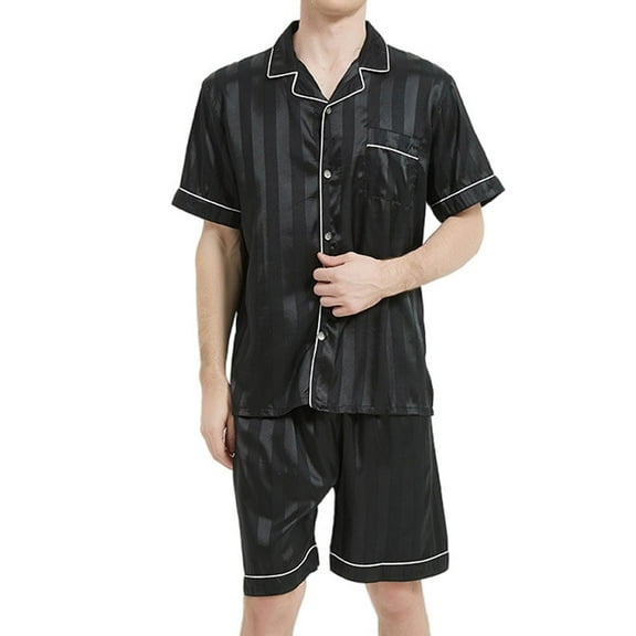 ALLLIST Mens Pajamas Set Silk Big And Tall Sleepwear Short Sleeve Tops & Bottom Plain Black Button Down Pajamas for Teens L-4XL