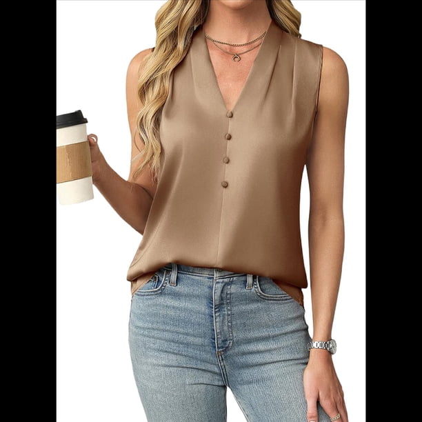 Camiseta Sin Mangas de Verano para Mujer, de Satén de Seda, con Cuello en V, Informal, de Negocios, Color Caqui M