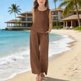 thumbnail image 2 of FAVIPT Kids 2 Piece Outfits Girls Summer Sleeveless Crewneck Linen Tank Tops Straight Wide Leg Pants Casual Solid Loose Sets Brown,7 Years, 2 of 9