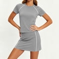thumbnail image 4 of Ohufall 2PC Womens Short Skirt Sets Sport Short Sleeve Crew Neck Solid Color Elastic Waist Top with Short Skirt Sets, 4 of 5