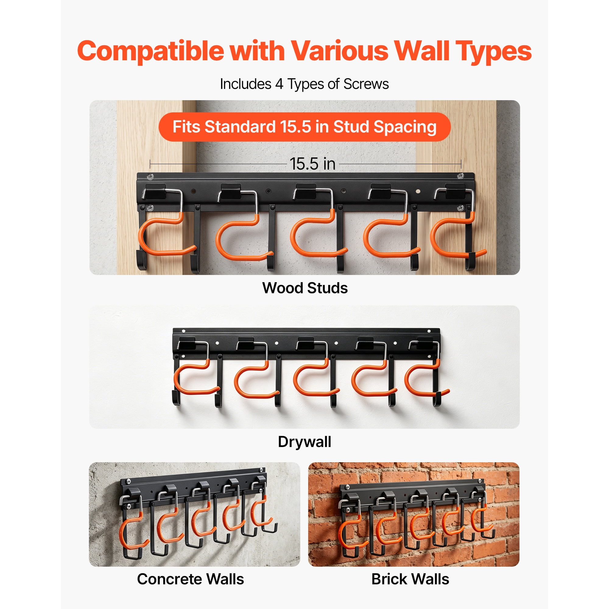 KFFKFF Garage Tool Organizer 68 Inch 450 lbs Wall-Mounted Storage Rack, Durable Hanging System with 4 Rails, 24 Fixed L-Hooks,and 20 Adjustable S-Hooks for Garden Tools,Shovels, and Shed Organization