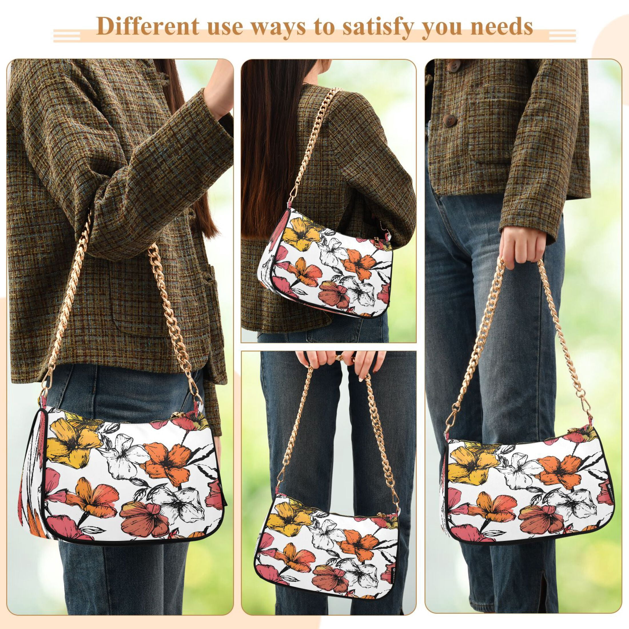 Ryvnso Hand Drawn Summer Floral Womens Chain Shoulder Bag Tote Handbags Clutch Hobo Purse with Zipper for Travel
