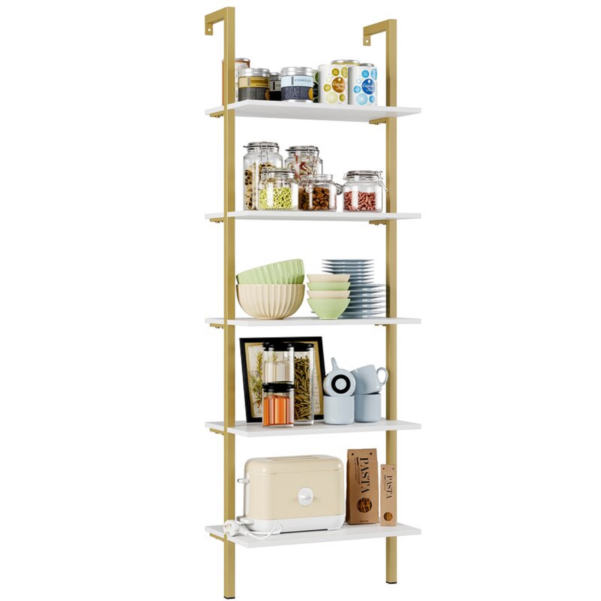 Homfa Wall-Mounted 5-Tier Ladder Shelves, White with Gold photo 4