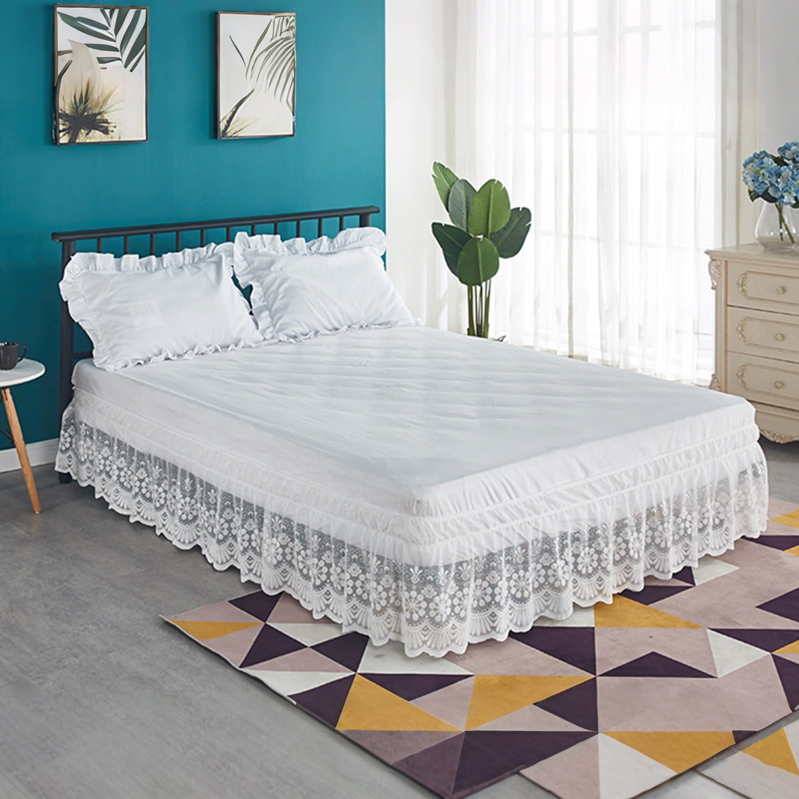 Adjustable Bed Skirt with Elastic Band Lace Bed Skirt 15 Drop Adjustable Elastic Dust Ruffle Wrap Around 3 Sides Machine for Twin/full/queen/king