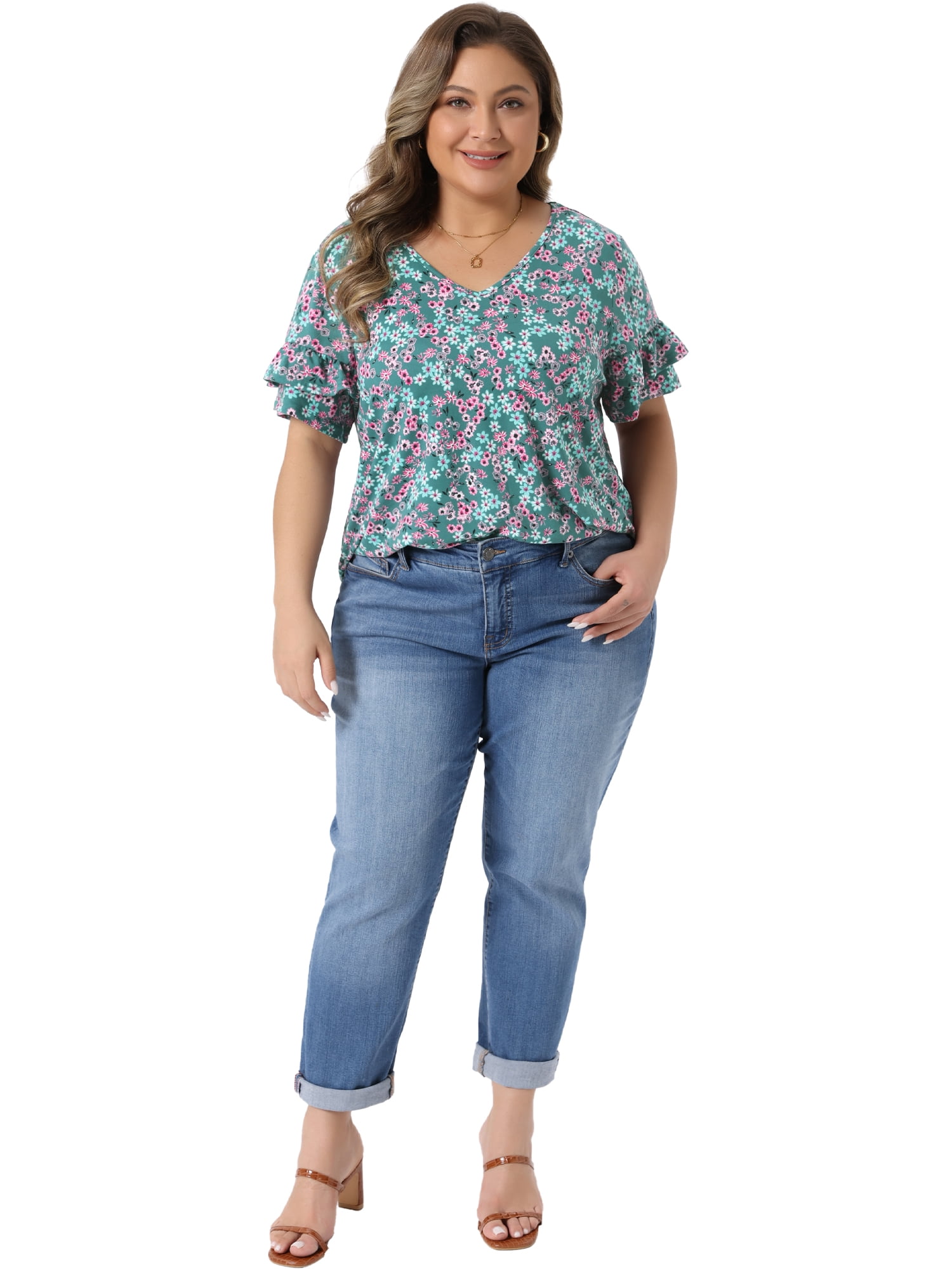 Women's Plus Summer Tops V Neck Ruffle Sleeve Floral Casual Blouses 2X Green