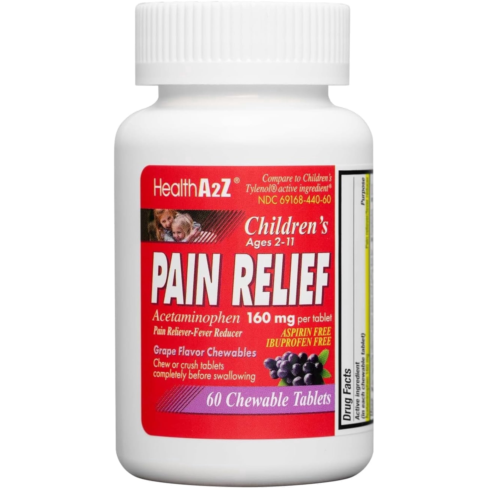 HealthA2Z Chewable Acetaminophen, Kids Medicine, Pain Relievers and Fever Reducer, 160 mg, Grape, 60 Count