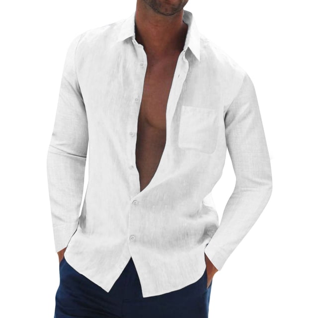 Camisa De Botones Para Hombre Blusa de manga larga con botón de cuello vuelto para hombre, informal, de otoño, con bolsillo liso (White, XL)