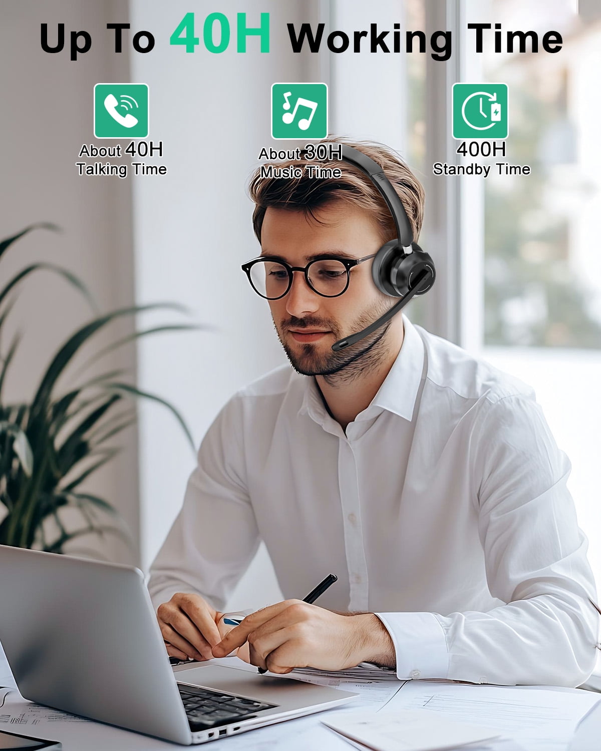 SUNITEC Wireless Bluetooth Headset with Microphone and USB Dongle, Noise Cancelling Mic, Compatible with PC, Laptop and Phone