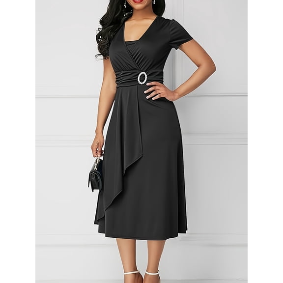 Women's Ruched Waist Midi Dress, V-Neck Short Sleeve A-Line Party Dress