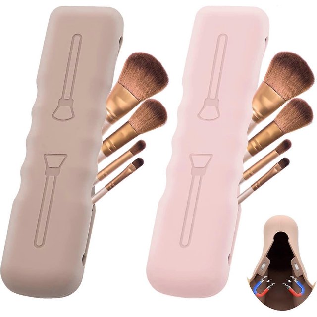 Estuche de viaje para brochas de maquillaje (2 unidades), de silicona, bonito, suave y portátil, con cierre magnético y resistente al agua.