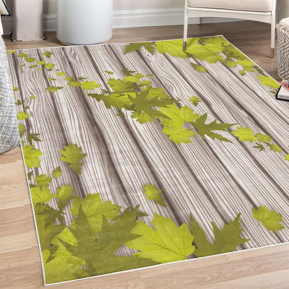 Autumn Decorative Rug, Fall Maple Leafs Tree Diagonal Leaves Foliage Rustic Wooden Planks Illustration, Quality Carpet for Bedroom Dorm and Living Room, 6 Sizes, Yellow Green, by Ambesonne